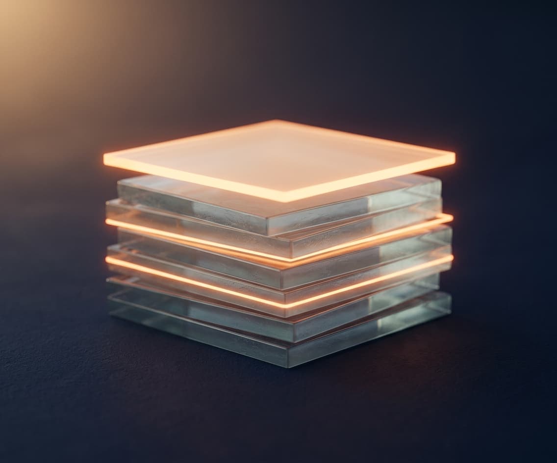 WeGroup as the warmly-lit layer on top of a stack of glass core systems
